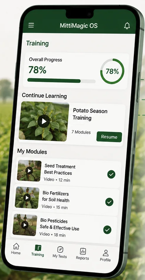 MittiMagicOS mobile training dashboard showing VLE learning progress and assigned modules
