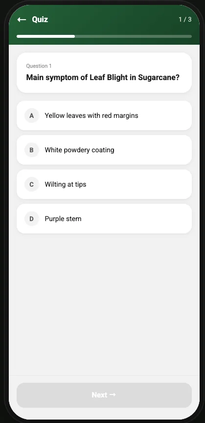 Mobile MittiMagicOS quiz screen with a multiple-choice training question